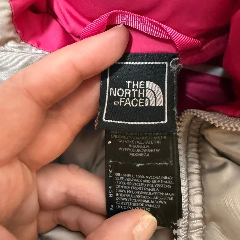 The North Face Girls XL 18 Silver Down Puffer Jacket Hooded Pink Lined 550‎ Fill